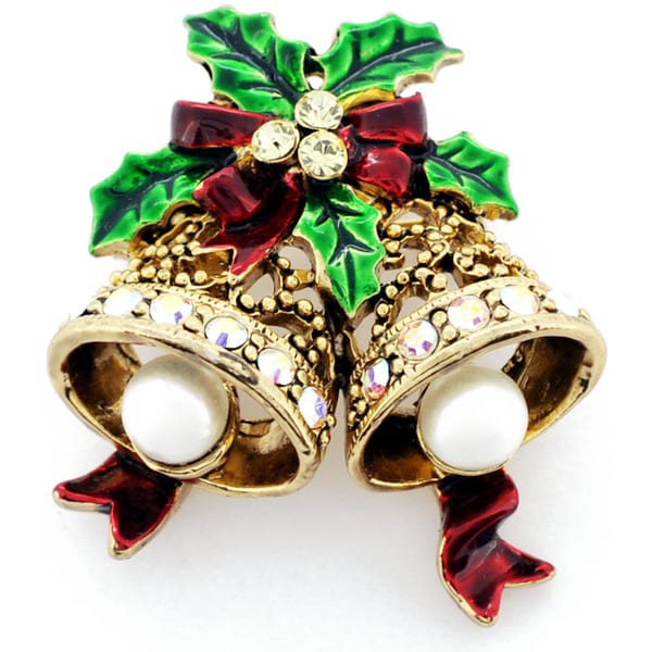 Goldtone Crystal Christmas Bell and Bow Brooch