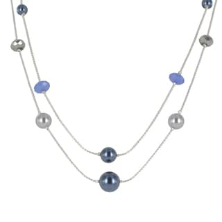 Roman Silvertone Blue and Grey Faux Pearl and Faceted Crystal Necklace