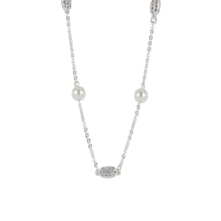 Roman Silvertone Cream Faux Pearl and Pave Crystal Station Necklace