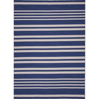 Handmade Flat Weave Stripe Blue Wool Rug (9' x 12')