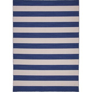 Handmade Flat Weave Stripe Blue Wool Rug (9' x 12')