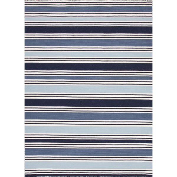 Flat Weave Stripe Blue Wool Rug (9' x 12') 14964962