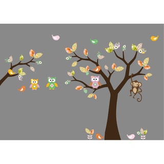 Nursery Wall Art Girl's Pattern Leaf Tree Decal Set with Birds, Owls and Flowers