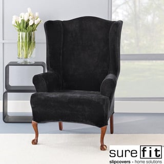 Stretch Plush Black Wing Chair Slipcover-Image