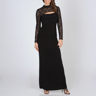 Cachet Women's Black Lace Mock Shrug Shirred Gown