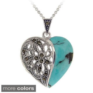 Glitzy Rocks Sterling Silver Onyx and Marcasite Heart Locket Necklace