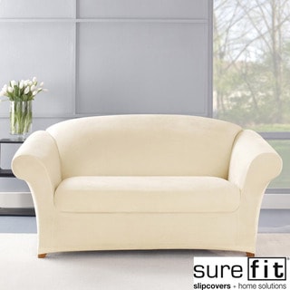 Stretch Plush Cream Loveseat Slipcover-Image