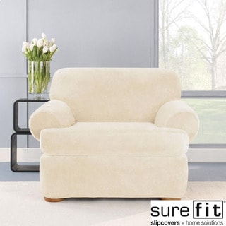 Stretch Plush Cream T-Cushion Chair Slipcover-Image