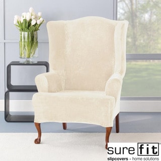 Stretch Plush Cream Wing Chair Slipcover-Image