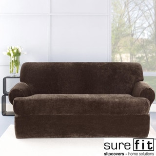 Stretch Plush Chocolate T-Cushion Loveseat Slipcover-Image