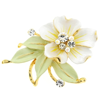Goldtone Clear Crystal White Flower and Green Leaf Brooch