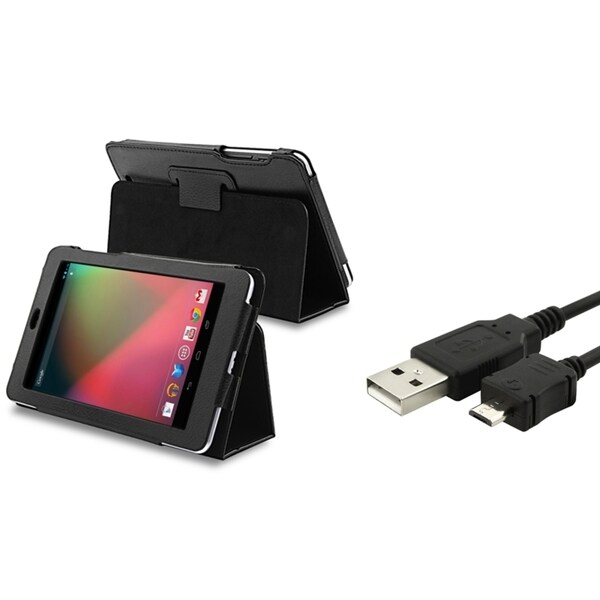 BasAcc Black Leather Case with Stand/ USB Cable for Google Nexus 7