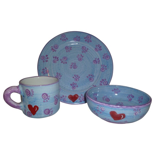 Handmade Plate, Mug and Bowl Children's Pottery Set in Blue Peru