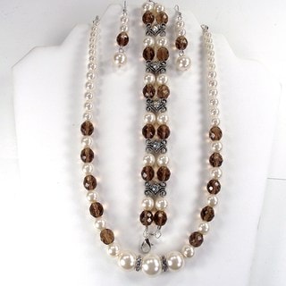 Off White Glass Pearl and Smoky Quartz Jewelry Set