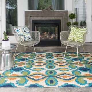 (_ _ ) Indoor/Outdoor Hand-hooked Portia Ivory/ Blue Rug (9'3 x 13'0)
