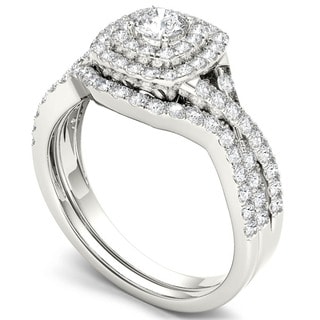 De Couer 10k White Gold 78ct TDW Diamond Double Halo Bridal Ring Set ...