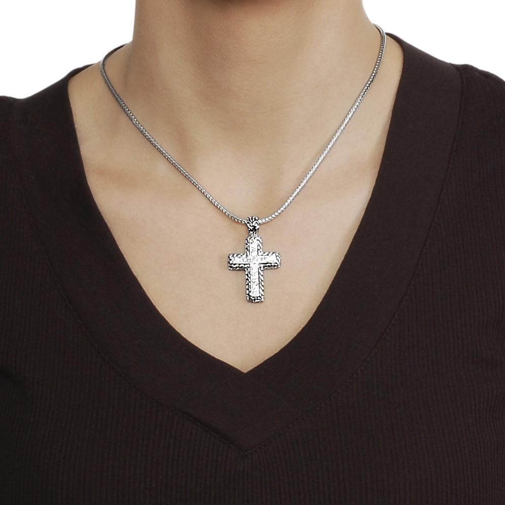 Journee Collection Silvertone Pave-set CZ Greek Key Cross Necklace