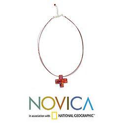 Stainless Steel 'Bright Cross' Dichroic Glass Cross Necklace (Mexico)