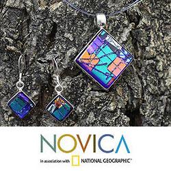 Sterling Silver 'Neon Nights' Dichroic Art Glass Jewelry Set (Mexico)