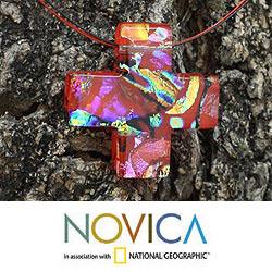 Stainless Steel 'Bright Cross' Dichroic Glass Cross Necklace (Mexico)