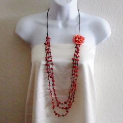 Red Shell and Coral Long 3-strand Flower Necklace (Thailand)