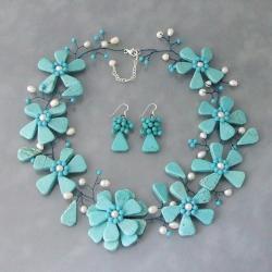 Turquoise and Pearl Modern Floral Link Jewelry Set (3-5 mm) (Thailand)