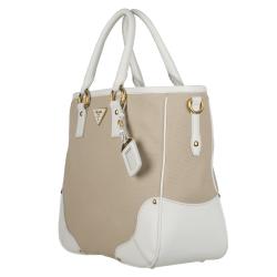 Prada Beige Canvas Leather Trim Tote Bag