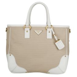 Prada Beige Canvas Leather Trim Tote Bag