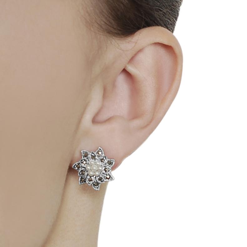 Silvertone Created Marcasite and Faux Pearl Flower Earrings