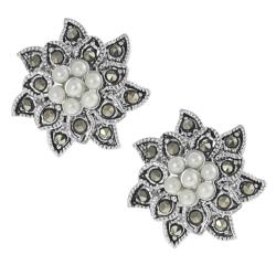Silvertone Created Marcasite and Faux Pearl Flower Earrings
