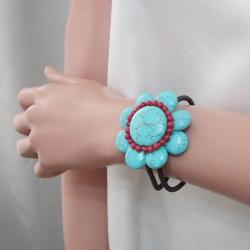 Reconstructed Turquoise and Red Coral Flower Cuff (Thailand)