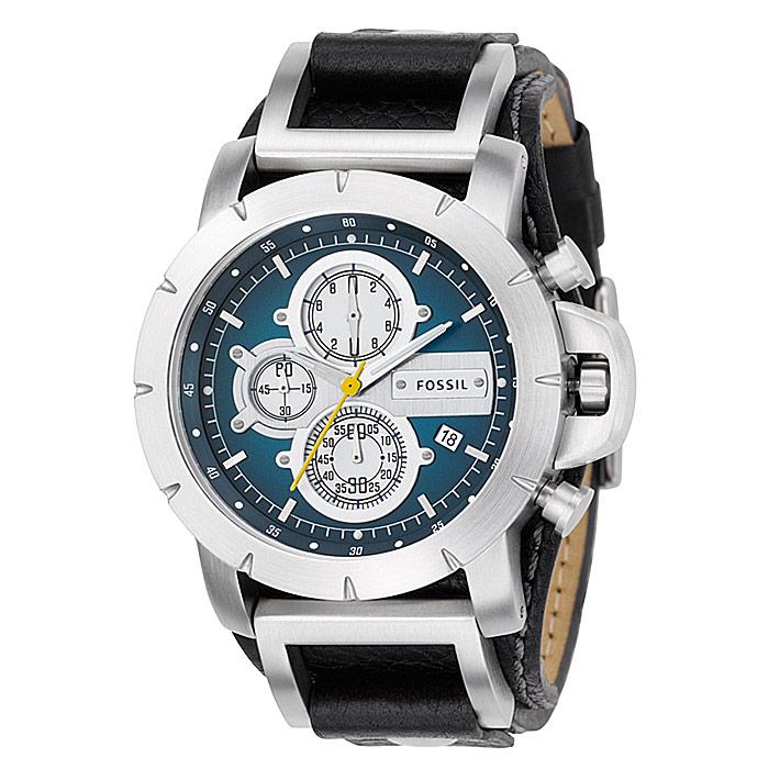 Fossil Mens Leather Strap Blue Dial Chronograph Watch