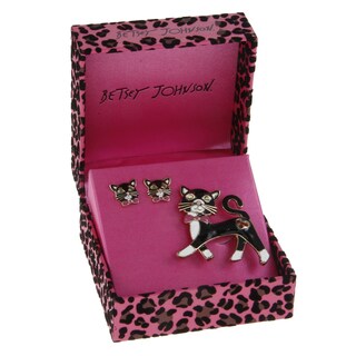 New! Betsey Johnson Black Cat Pin and Earrings Set