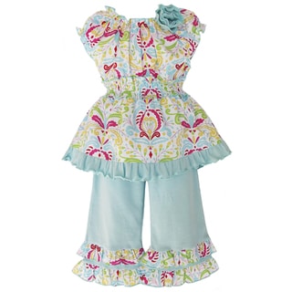 AnnLoren Girls Blue Floral Damask Outfit