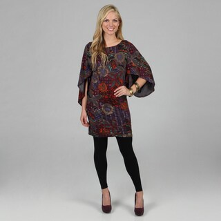 Kozy Women's Abstract Print Bell Sleeve Knit Tunic Dress