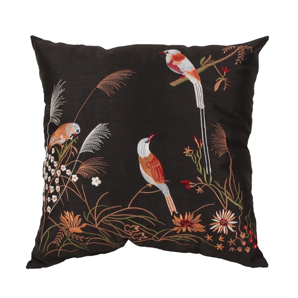 Embroidered Birds on a Feather 18-inch Faux Silk Throw Pillow - 15045992 - Overstock.com ...