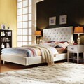 ETHAN HOME Sarajevo Beige Fabric Bed with Two White Rectangle Nightstand