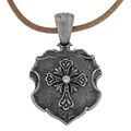 Stainless Steel Men's Cubic Zirconia Shield Leather Cord Necklace