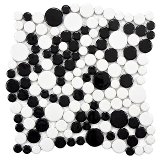 SomerTile 12x12-in Victorian Bubble Glossy White and Black Porcelain Mosaic Tile (Pack of 10)