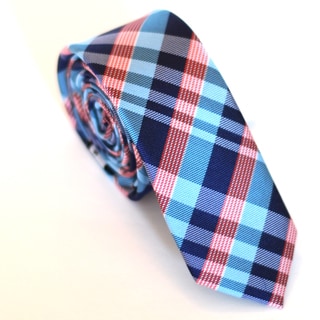 Skinny Tie Madness Men's Blue and Red Plaid Slim Tie