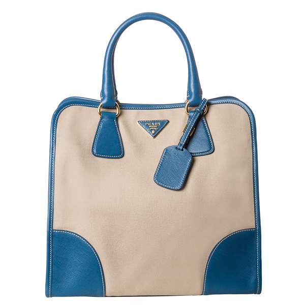Prada Women\u0026#39;s Blue and Beige Tall Canvas and Saffiano Leather Tote ...  