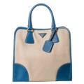 Prada Women's Blue and Beige Tall Canvas and Saffiano Leather Tote Bag