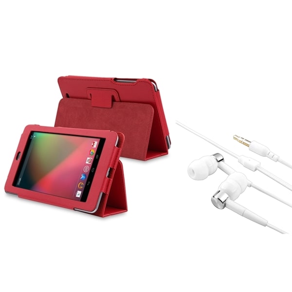 BasAcc Red Leather Case with Stand/ White Headset for Google Nexus 7