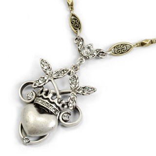 Sweet Romance Silvertone Crystal Sacred Heart and Crown Necklace