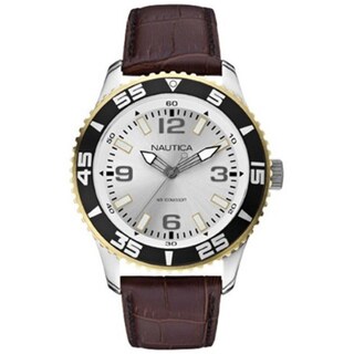 Nautica Men's Brown Leather Strap Steel Watch