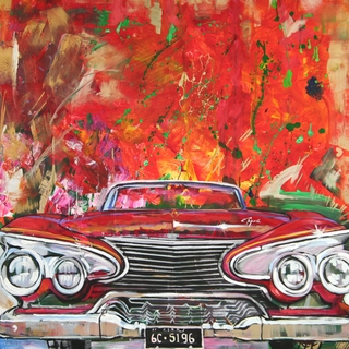 Art in Style 'Retro Red Car' Hand-Painted Canvas Wall Art
