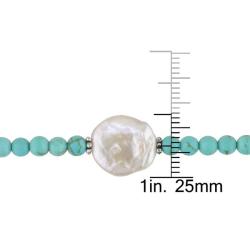 Sterling Silver Round Turquoise and White Coin Pearl Necklace (12-15 mm)
