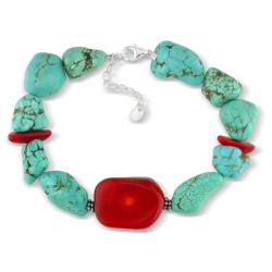 Sterling Silver Turquoise and Carnelian Bead Bracelet