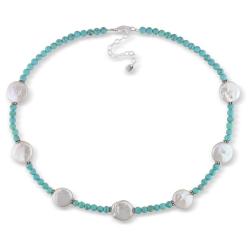Sterling Silver Round Turquoise and White Coin Pearl Necklace (12-15 mm)