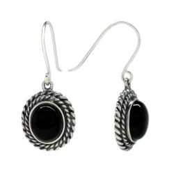 Sunstone Sterling Silver Black Agate Oval Roped Edge Earrings